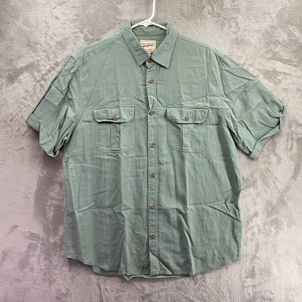 Field & Stream Mens L Sage Green Linen Rayon SS Button Fishing Outdoor Shirt